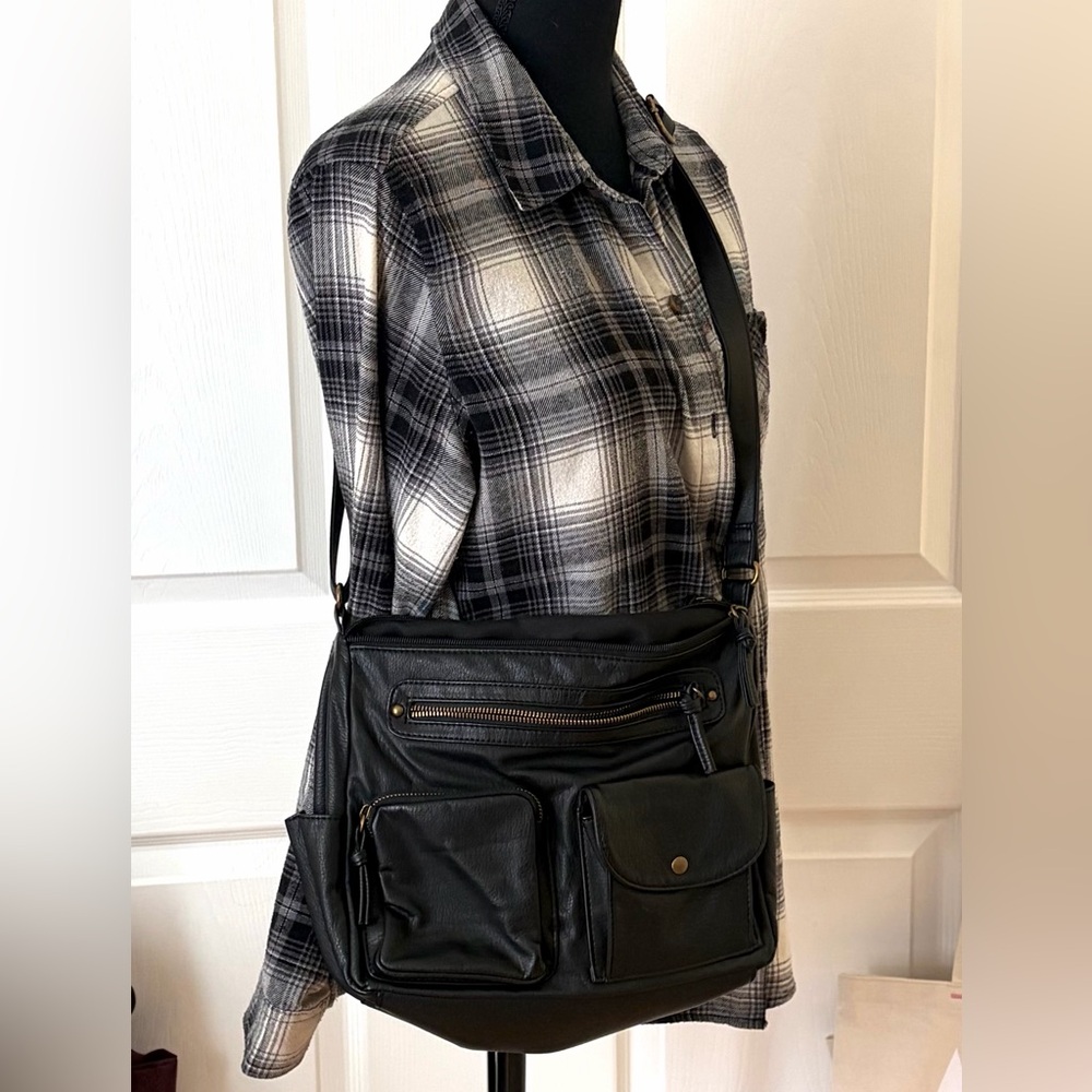Black Leather Multi-Pocket Crossbody Bag